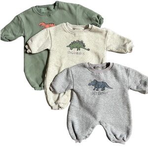 SET OF THREE FOOTLESS FLEECE DINOSAUR PRINT COZY SWEATSHIRT ONE PIECE JUMPSUITS